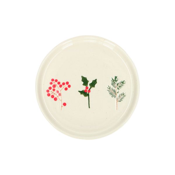 Off white, stoneware pastry plate with Christmas twigs, Ø 15 cm