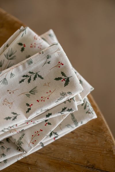 GOTS organic cotton table runner with Christmas woodland print, 50 x 145 cm