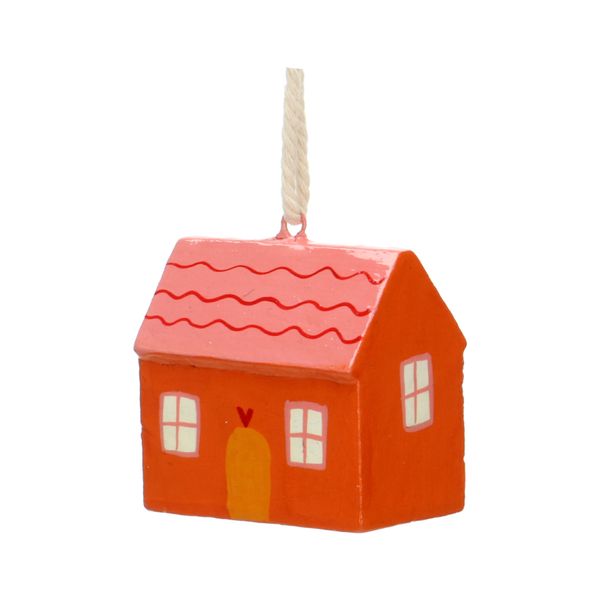 Pink, papier-mâché house-shaped Christmas decoration, approx. 5 cm