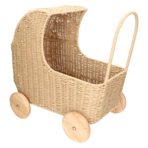 Metal, paper cord and rubber wood doll carriage