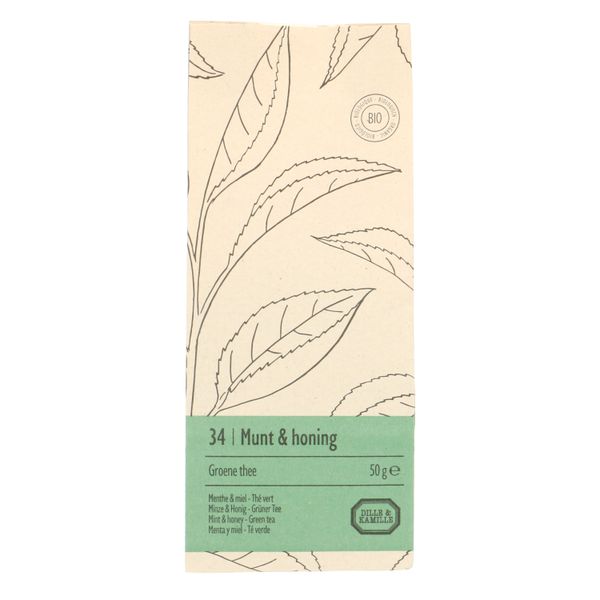 Munt & honing, biologisch, groene thee, zakje 50 gram Munt & honing, biologisch, groene thee, zakje 50 gram