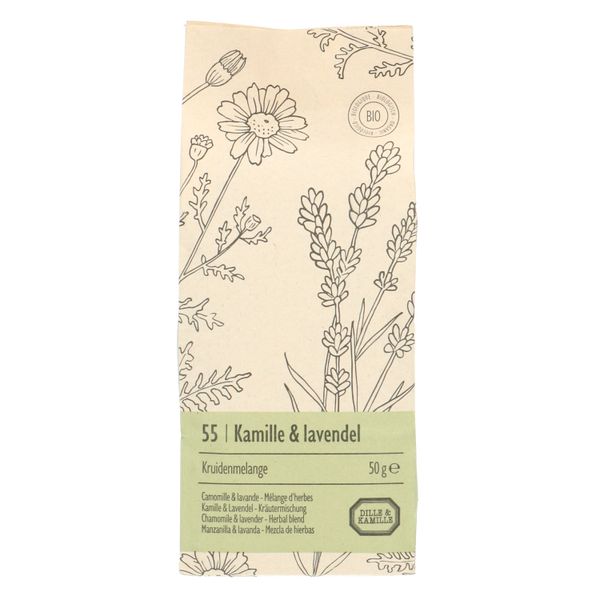 Kamille & lavendel, biologisch, kruidenmelange, zakje 50 gram Kamille & lavendel, biologisch, kruidenmelange, zakje 50 gram