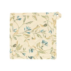 GOTS organic cotton pot holder with a blue, winter blossom motif, 20 x 20 cm