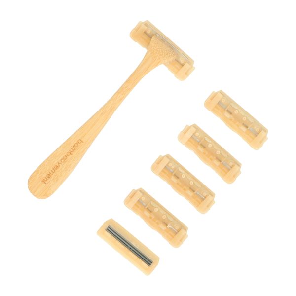 Bamboo-handled razor, includes 6 blades