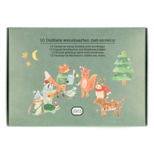 Kerstkaart + envelop, kerstdieren, set van 10 in doos