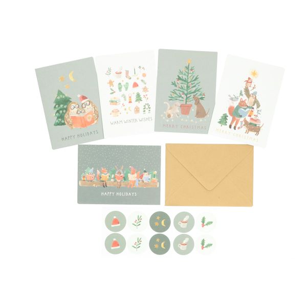 Kerstkaart + envelop, kerstdieren, set van 10 in doos