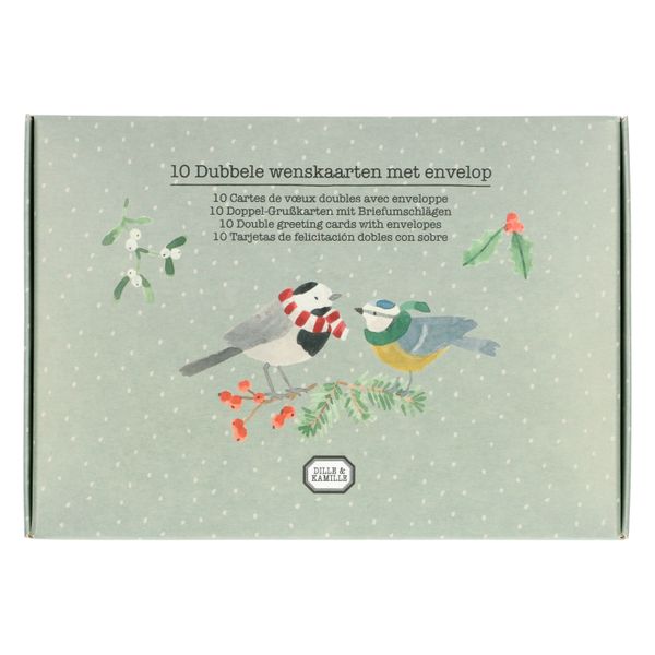 Kerstkaart + envelop, dieren en bessentakjes, set van 10 in doos