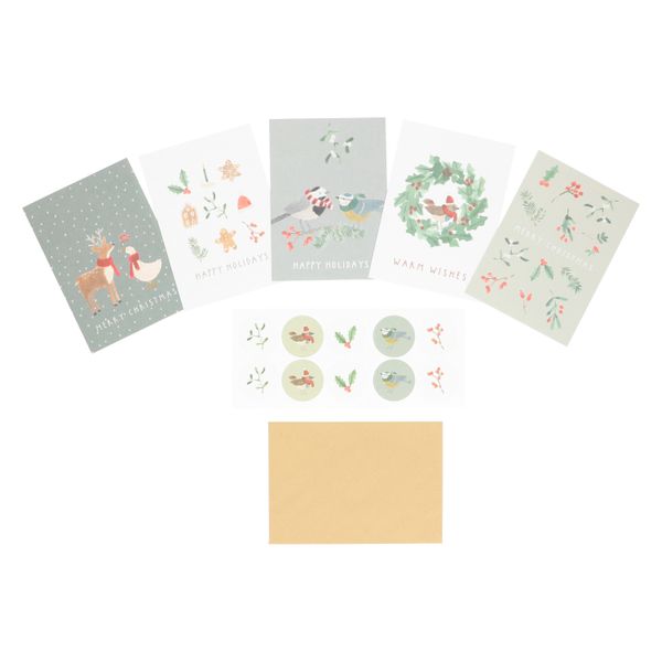 Set of 10 Christmas cards + envelopes, animals and berry twigs