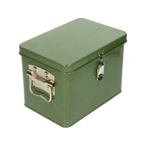 Dark green, metal storage tin for seeds