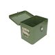 Dark green, metal storage tin for seeds