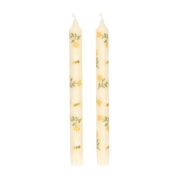Dinerkaarsen, wit met bijen, 25 cm, 2 stuks