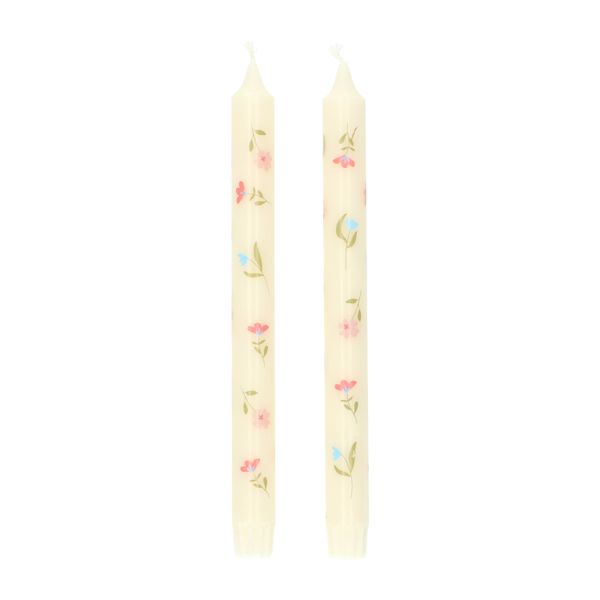 Dinerkaarsen, blauwe en roze bloemen, 25 cm, 2 stuks