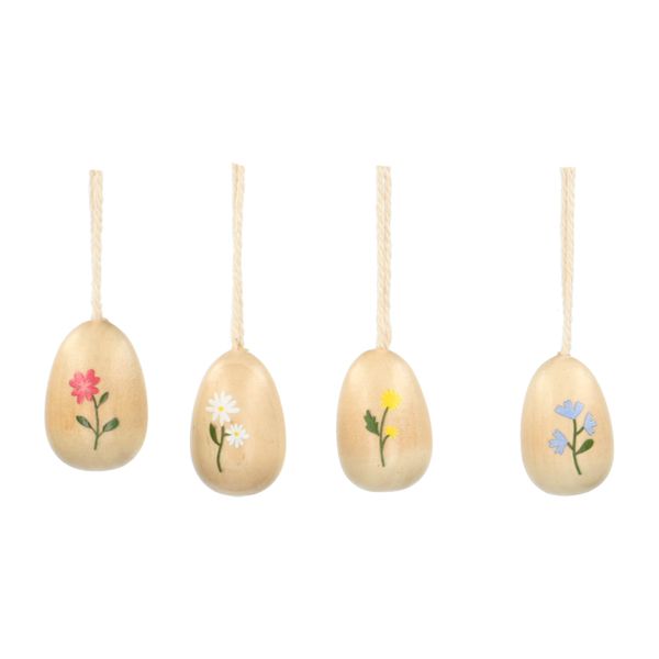 Eggs with flower, wood, set of 4