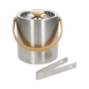 Stainless steel and wood ice bucket with ice cube tongs, 2 litres