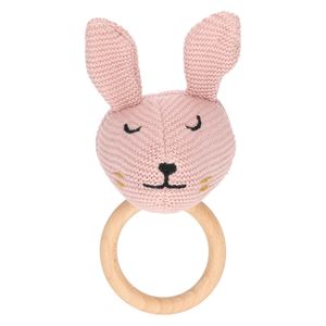 Knuffelkopje aan houten ring, GOTS katoen, konijn