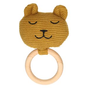 Knuffelkopje aan houten ring, GOTS katoen, beer