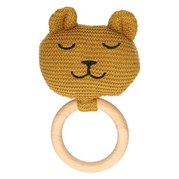 Knuffelkopje aan houten ring, GOTS katoen, beer