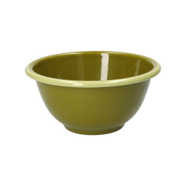 Schaal, emaille, olijfgroen met lichtgroen randje,Ø14 CM