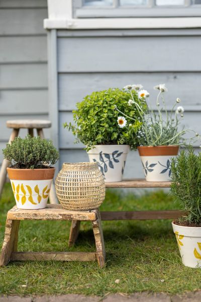 Flowerpot, terracotta, blue leaf silhouette, Ø 19 cm