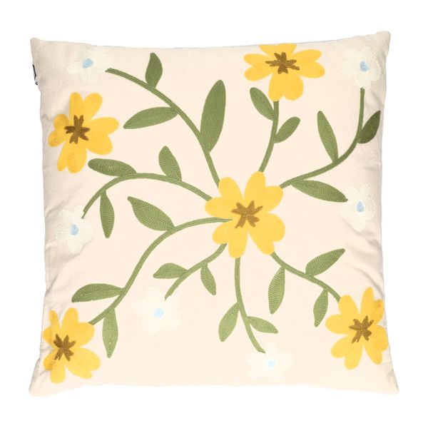 Coussin orné de fleurs brodées, coton bio, blanc cassé, 50 x 50 cm