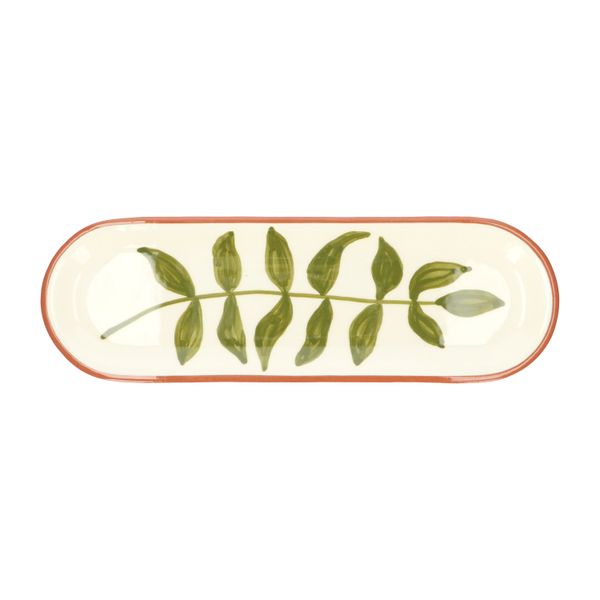 Schaal, terracotta, groen blad, 32 x 11 cm