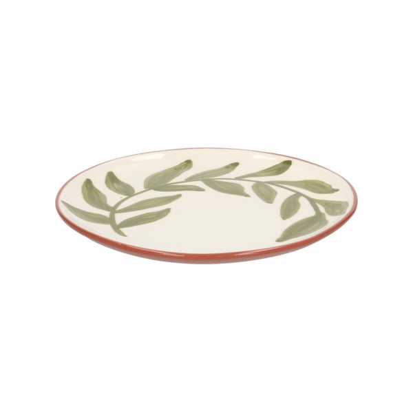 Bord, terracotta, groen blad, 17 cm