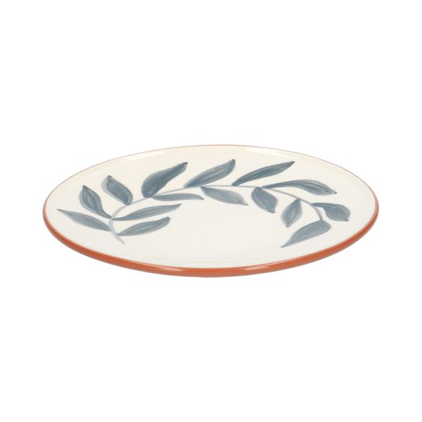 Bord, terracotta, blauw blad,Ø 21 cm