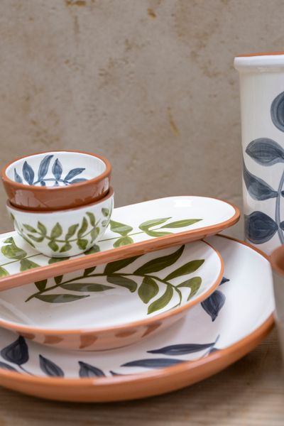 Diep bord, terracotta, groen blad, 22 x 5,5 cm