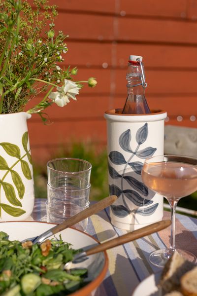 Wine chiller, terracotta, blue leaf, 12 x 22 cm