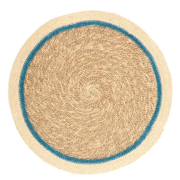 Placemat naturel, zeegras, blauwe rand,Ø38 cm
