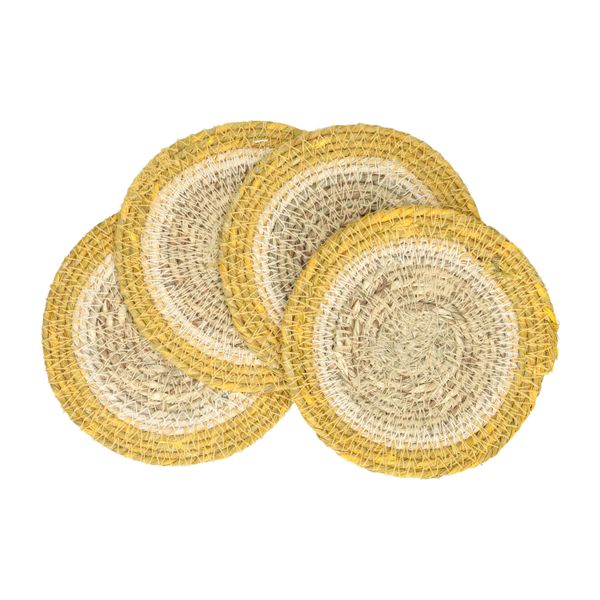 Onderzetter naturel, zeegras, gele rand, set van 4
