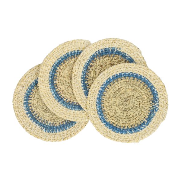 Onderzetter naturel, zeegras, blauwe rand, set van 4