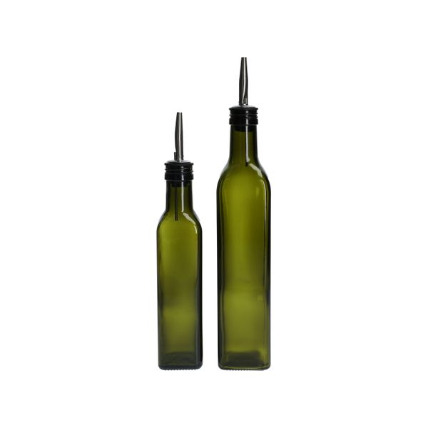Bouteille à huile/vinaigre, verre vert, carré, 250 ml