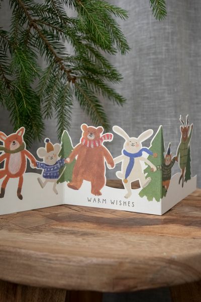 Kerstkaart met envelop, uitklapbaar, dansende dieren