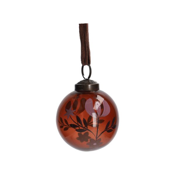 Kerstbal, beschilderd, glas, roze bloemen en hartjes, Ø7 cm