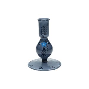 Kandelaar, beschilderd, blauw glas, bloem, 12,5 cm