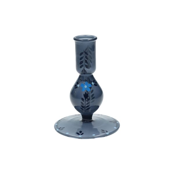 Kandelaar, beschilderd, blauw glas, bloem, 12,5 cm