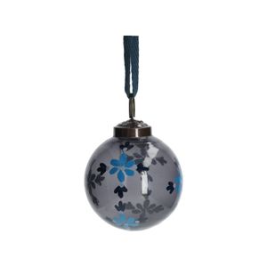 Kerstbal, beschilderd, blauw glas, bloemen, 7 cm