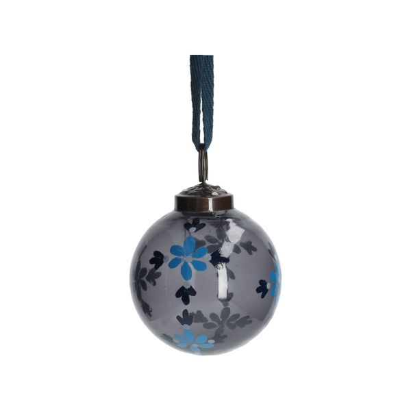 Kerstbal, beschilderd, blauw glas, bloemen, 7 cm