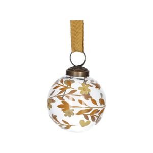 Kerstbal, beschilderd, glas, okerkleurige takjes en bloemen, Ø 7 cm