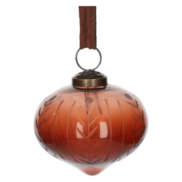 Kerstbal ui-vorm, gegraveerd met takjes, glas, roodbruin