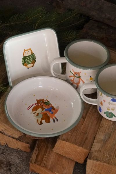 Kerstmok, emaille, winterbos, Ø 8 cm
