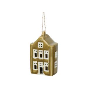 Hanger huisje, porselein, mosgroen, 7 cm