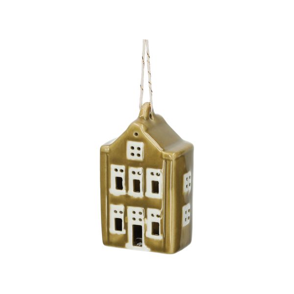 Hanger huisje, porselein, mosgroen, 7 cm