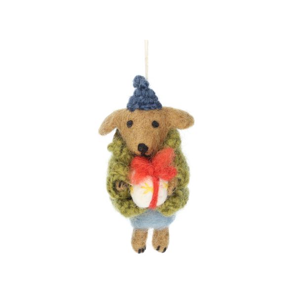 Hanger hond met cadeau, vilt