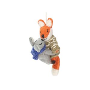 Kersthanger, knuffelende vos en muis, vilt