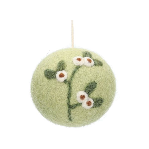Kerstbal vilt, groen met takje, Ø 6 cm