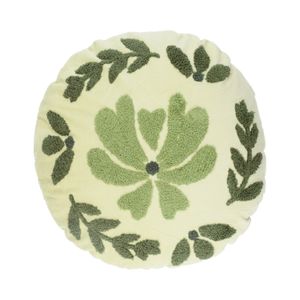 Coussin en velours, rond, Ø 40 cm, dessin vert sur fond blanc cassé
