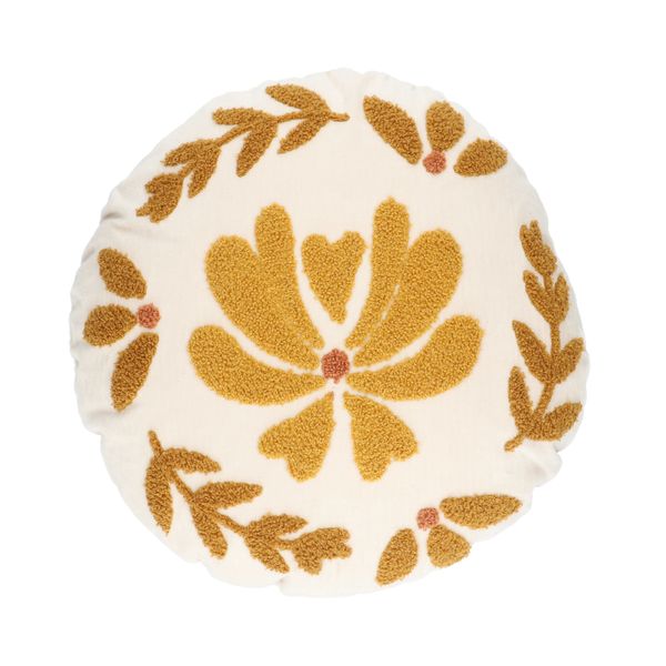 Coussin en velours, coton bio, rond, Ø 40 cm, dessin ocre sur fond blanc cassé Coussin en velours, coton bio, rond, Ø 40 cm, dessin ocre sur fond blanc cassé