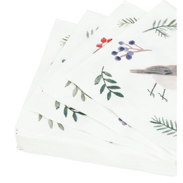 Servetten, papier, kerstgroen en vogel, 25 x 25 cm, 20 stuks